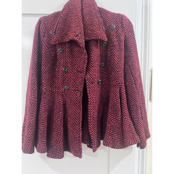 Free People Jackets & Blazers - Free People Red Black Herringbone Chevron Peplum Double Breasted Jacket Coat